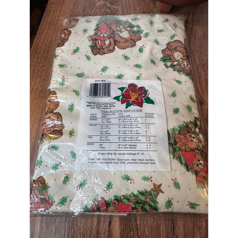 Vintage Christmas Bear Flannel‎ Backed Vinyl Tablecloth Round 60 inch